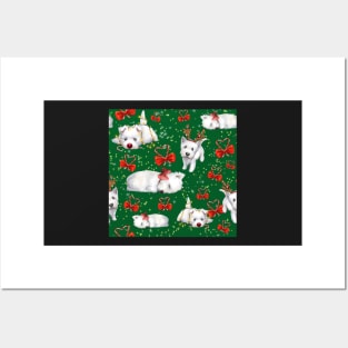 Christmas Westies green pattern Posters and Art